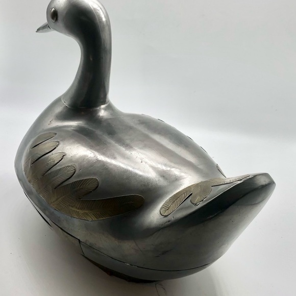 Vintage Pewter and Brass Silver Metal Duck Bowl With Lid Metal Home decor - Picture 3 of 5